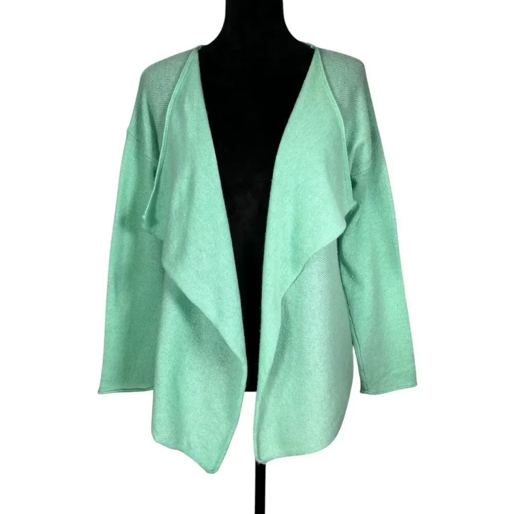 Claudia Nichole Green Cashmere Sweater Open Front Draped Mint Relaxed Waterfall